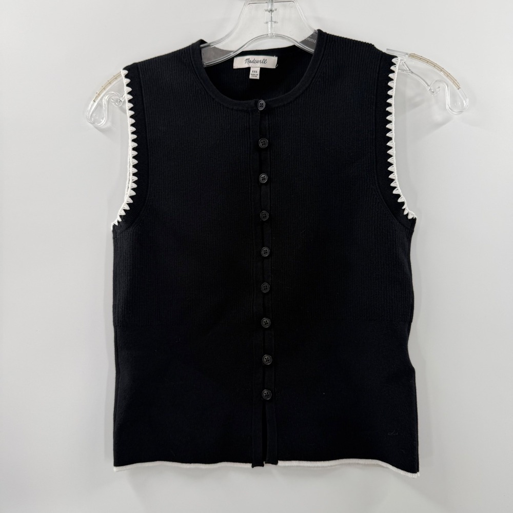 Madewell Ribbed Button Front Sweater Vest Black White Blanket Stitch NU545 XXS